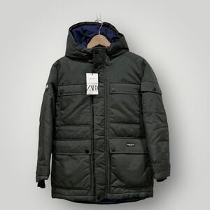 Zara Boys Down Jacket‎ Olive Green Hooded Puffer Parka Coat Size 11-12 152 NWT